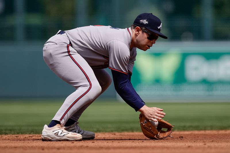 Apr 30, 2025; Denver, Colorado, USA; Atlanta Braves shortstop Nick Allen (2) fields the ball in the second inning against the Colorado Rockies at Coors Field. Mandatory Credit: Isaiah J. Downing-Imagn Images