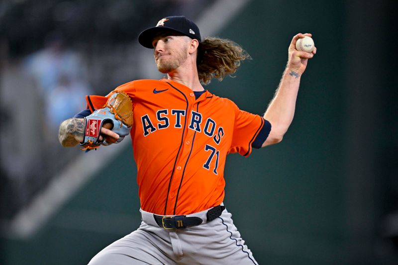 Aug 7, 2024; Arlington, Texas, USA;  Houston Astros relief pitcher Josh Hader (71) pitches against the Texas Rangers during the ninth inning at Globe Life Field. Mandatory Credit: Jerome Miron-USA TODAY Sports