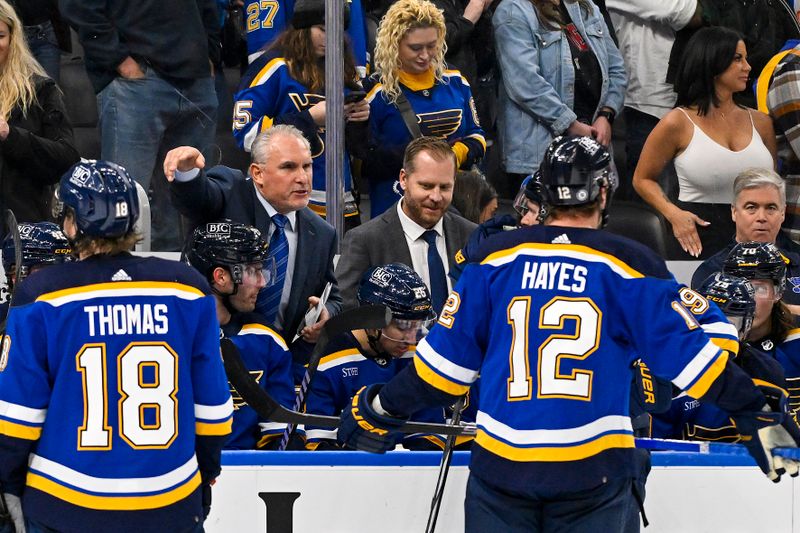 Nov 3, 2023; St. Louis, Missouri, USA;  St. Louis Blues head coach Craig Berube talks with his team during the third period against the New Jersey Devils at Enterprise Center. Mandatory Credit: Jeff Curry-USA TODAY Sports