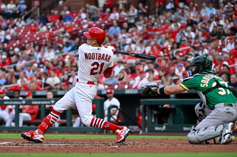 Aug 15, 2023; St. Louis, Missouri, USA;  St. Louis Cardinals center fielder Lars Nootbaar (21) hits a double against the Oakland Athletics during the second inning at Busch Stadium. Mandatory Credit: Jeff Curry-USA TODAY Sports