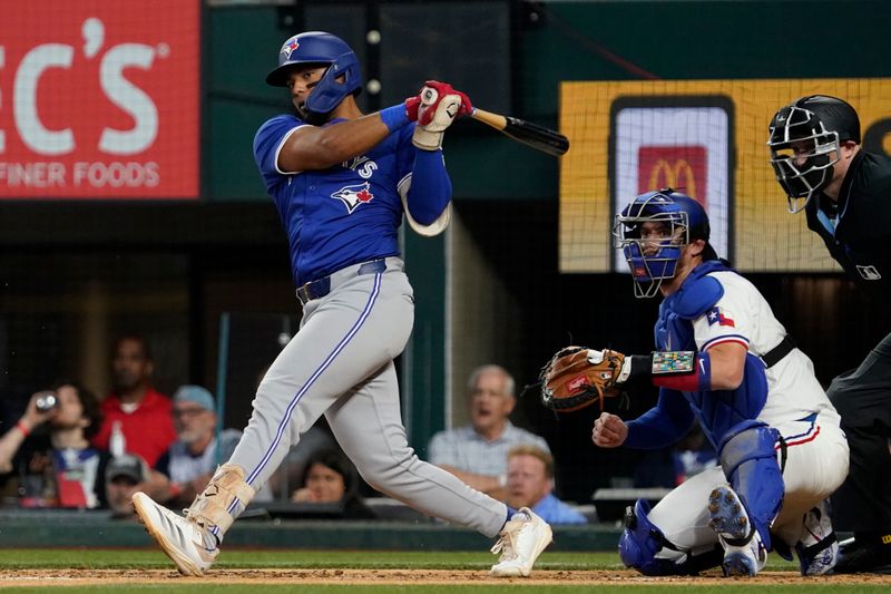 Sep 19, 2024; Arlington, Texas, USA; Toronto Blue Jays shortstop Leo Jimenez (49) reaches on a run scoring error during the third inning against the Texas Rangers at Globe Life Field. Mandatory Credit: Raymond Carlin III-Imagn Images