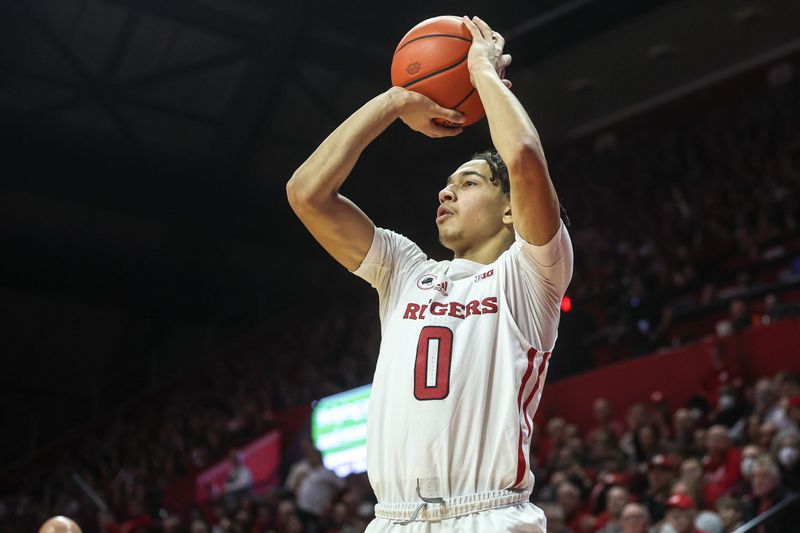 Jan 5, 2023; Piscataway, New Jersey, USA; Rutgers Scarlet Knights guard Derek Simpson (0) shoots the ball against the Maryland Terrapins during the second half at Jersey Mike's Arena. Mandatory Credit: Vincent Carchietta-USA TODAY Sports