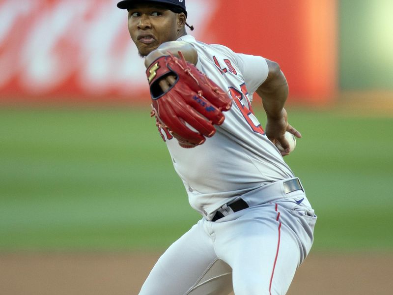 Apr 2, 2024; Oakland, California, USA; Boston Red Sox pitcher Brayan Bello (66) delivers a pitch against the Oakland Athletics during the first inning at Oakland-Alameda County Coliseum. Mandatory Credit: D. Ross Cameron-USA TODAY Sports