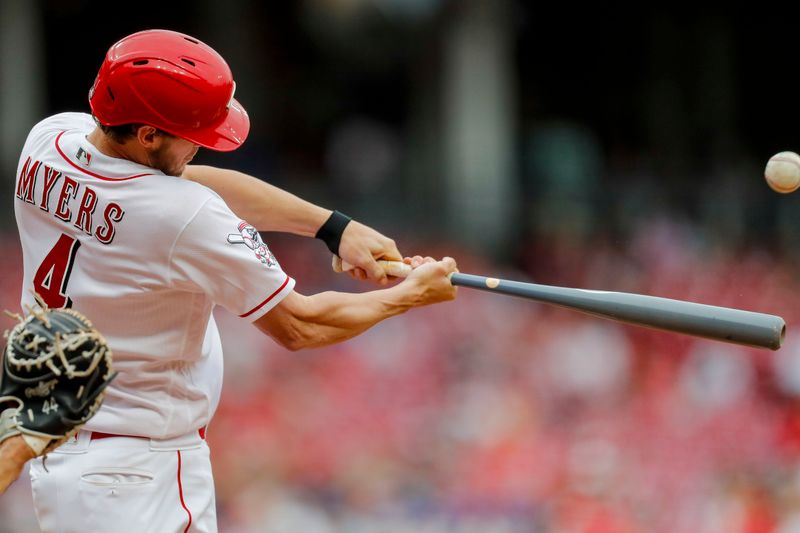 May 7, 2023; Cincinnati, Ohio, USA; Cincinnati Reds right fielder Wil Myers (4) hits a solo home run in the fourth inning against the Chicago White Sox at Great American Ball Park. Mandatory Credit: Katie Stratman-USA TODAY Sports