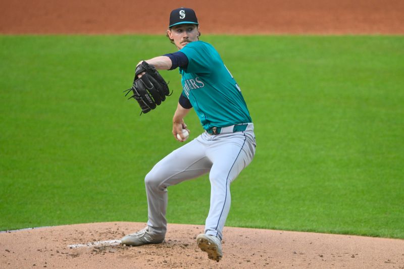 Jun 18, 2024; Cleveland, Ohio, USA; Seattle Mariners starting pitcher Bryce Miller (50) delivers a pitch in the first inning against the Cleveland Guardians at Progressive Field. Mandatory Credit: David Richard-USA TODAY Sports