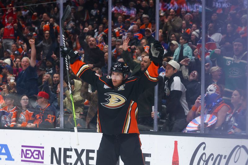 Feb 9, 2024; Anaheim, California, USA; Anaheim Ducks center Ryan Strome (16) celebrates after scoring a goal against Edmonton Oilers goaltender Calvin Pickard (30) during the second period of a game at Honda Center. Mandatory Credit: Jessica Alcheh-USA TODAY Sports