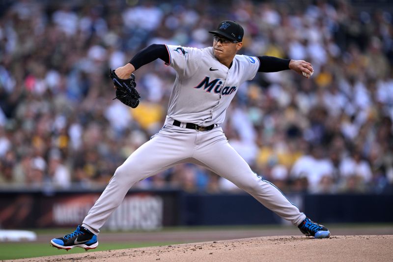 Aug 22, 2023; San Diego, California, USA; Miami Marlins starting pitcher Jesus Luzardo (44) throws a pitch against the San Diego Padres during the first inning at Petco Park. Mandatory Credit: Orlando Ramirez-USA TODAY Sports