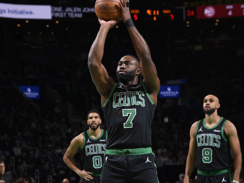 BOSTON, MA - NOVEMBER 12: Jaylen Brown #7 of the Boston Celtics shoots a free throw during the game against the Atlanta Hawks during the Emirates NBA Cup game on November 12, 2024 at TD Garden in Boston, Massachusetts. NOTE TO USER: User expressly acknowledges and agrees that, by downloading and/or using this Photograph, user is consenting to the terms and conditions of the Getty Images License Agreement. Mandatory Copyright Notice: Copyright 2024 NBAE (Photo by Brian Babineau/NBAE via Getty Images)