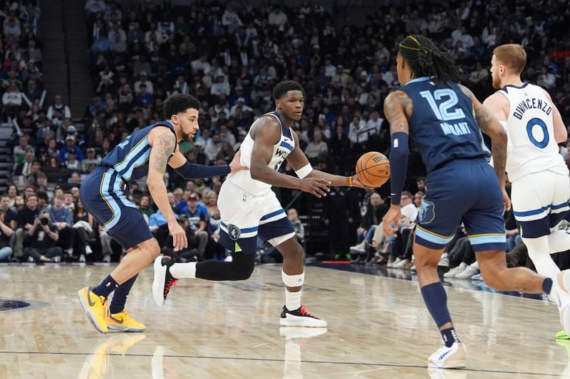 MINNEAPOLIS, MN -  JANUARY 11: Anthony Edwards #5 of the Minnesota Timberwolves dribbles the ball during the game against the Memphis Grizzlies on January 11, 2025 at Target Center in Minneapolis, Minnesota. NOTE TO USER: User expressly acknowledges and agrees that, by downloading and or using this Photograph, user is consenting to the terms and conditions of the Getty Images License Agreement. Mandatory Copyright Notice: Copyright 2025 NBAE (Photo by Jordan Johnson/NBAE via Getty Images)