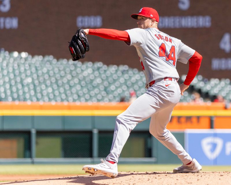 Apr 30, 2024; Detroit, Michigan, USA; St. Louis Cardinals starting pitcher Kyle Gibson (44) delivers in the first inning against the Detroit Tigers at Comerica Park. Mandatory Credit: David Reginek-USA TODAY Sports