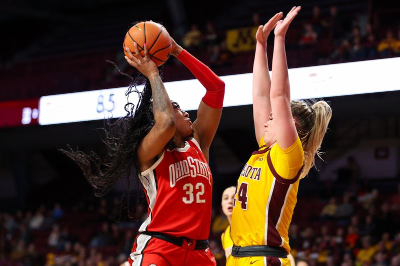 Feb 8, 2024; Minneapolis, Minnesota, USA; Ohio State Buckeyes forward Cotie McMahon (32) shoots as Minnesota Golden Gophers forward Mallory Heyer (24) defends during the second half at Williams Arena. Mandatory Credit: Matt Krohn-USA TODAY Sports