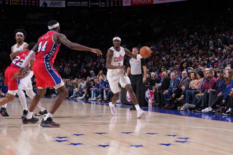 PHILADELPHIA, PA - FEBRUARY 23: Caris LeVert #3 of the Cleveland Cavaliers dribbles the ball during the game against the Philadelphia 76ers on February 23, 2024 at the Wells Fargo Center in Philadelphia, Pennsylvania NOTE TO USER: User expressly acknowledges and agrees that, by downloading and/or using this Photograph, user is consenting to the terms and conditions of the Getty Images License Agreement. Mandatory Copyright Notice: Copyright 2024 NBAE (Photo by Jesse D. Garrabrant/NBAE via Getty Images)