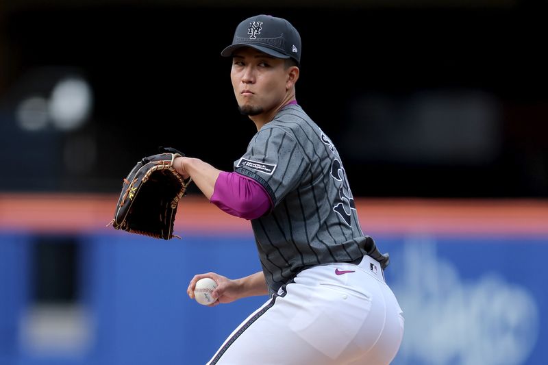 May 31, 2025; New York City, New York, USA; New York Mets starting pitcher Kodai Senga (34) pitches against the Colorado Rockies during the third inning at Citi Field. Mandatory Credit: Brad Penner-Imagn Images