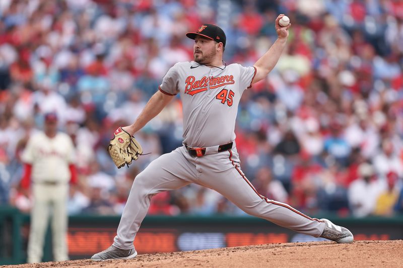 Aug 6, 2025; Philadelphia, Pennsylvania, USA; Baltimore Orioles pitcher Keegan Akin (45) throws a pitch during the ninth inning against the Philadelphia Phillies at Citizens Bank Park. Mandatory Credit: Bill Streicher-Imagn Images