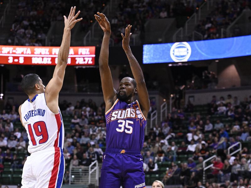 EAST LANSING, MI - OCTOBER 8: Kevin Durant #35 of the Phoenix Suns shoots the ball during the game against the Detroit Pistons during a NBA Preseason game on October 8, 2024 at the Breslin Center in East Lansing, Michigan. NOTE TO USER: User expressly acknowledges and agrees that, by downloading and/or using this photograph, User is consenting to the terms and conditions of the Getty Images License Agreement. Mandatory Copyright Notice: Copyright 2024 NBAE (Photo by Chris Schwegler/NBAE via Getty Images)