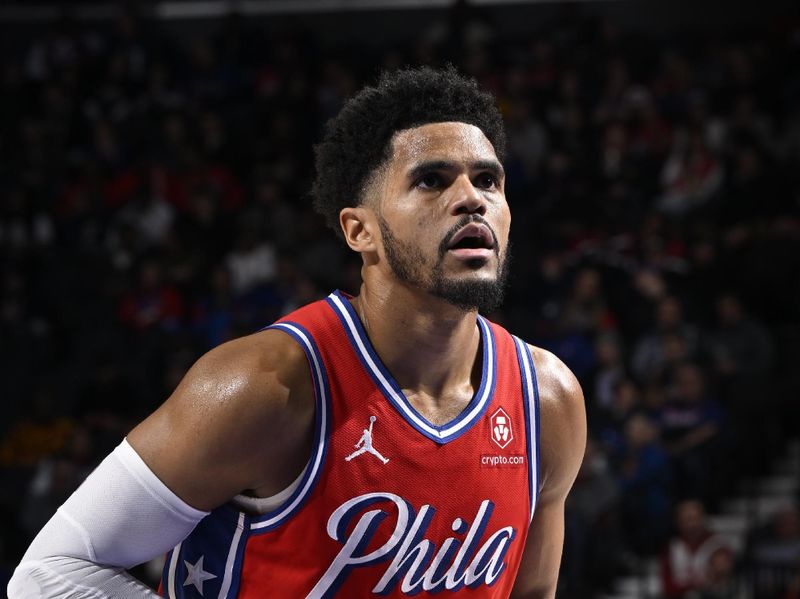 PHILADELPHIA, PA - MARCH 8:  Tobias Harris #12 of the Philadelphia 76ers shoots a free throw during the game against the New Orleans Pelicans on March 8, 2024 at the Wells Fargo Center in Philadelphia, Pennsylvania NOTE TO USER: User expressly acknowledges and agrees that, by downloading and/or using this Photograph, user is consenting to the terms and conditions of the Getty Images License Agreement. Mandatory Copyright Notice: Copyright 2024 NBAE (Photo by David Dow/NBAE via Getty Images)