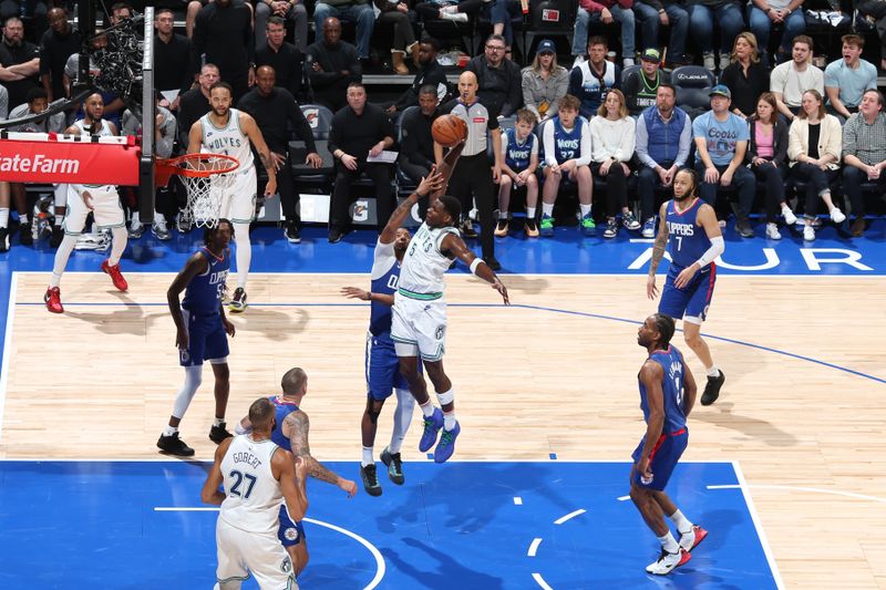 MINNEAPOLIS, MN -  MARCH 3: Anthony Edwards #5 of the Minnesota Timberwolves dunks the ball during the game against the LA Clippers on March 3, 2024 at Target Center in Minneapolis, Minnesota. NOTE TO USER: User expressly acknowledges and agrees that, by downloading and or using this Photograph, user is consenting to the terms and conditions of the Getty Images License Agreement. Mandatory Copyright Notice: Copyright 2024 NBAE (Photo by David Sherman/NBAE via Getty Images)