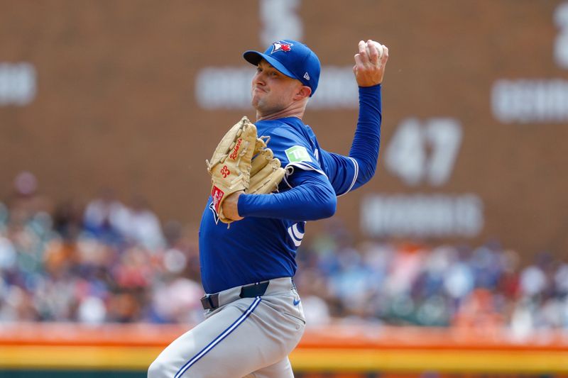 May 26, 2024; Detroit, Michigan, USA; Toronto Blue Jays pitcher Trevor Richards (33) pitches during the fourth inning  of the game against the Detroit Tigers at Comerica Park. Mandatory Credit: Brian Bradshaw Sevald-USA TODAY Sports