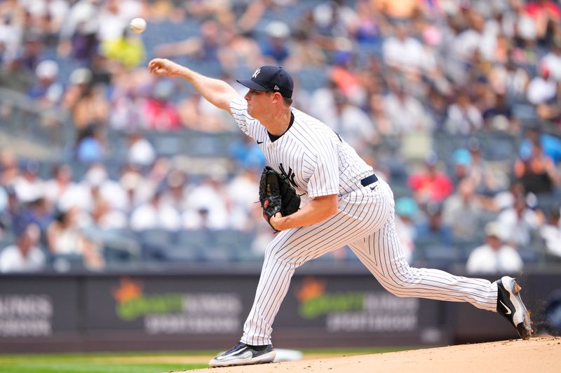 Jul 8, 2023; Bronx, New York, USA; New York Yankees pitcher Gerrit Cole (45) pitches against the Chicago Cubs during the first inning at Yankee Stadium. Mandatory Credit: Gregory Fisher-USA TODAY Sports