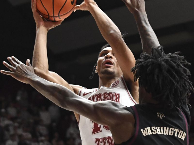 Feb 17, 2024; Tuscaloosa, Alabama, USA;  Alabama Crimson Tide forward Jarin Stevenson (15) shoots the ball against Texas A&M Aggies forward Solomon Washington (13) during the second half at Coleman Coliseum. Alabama won 100-75. Mandatory Credit: Gary Cosby Jr.-USA TODAY Sports