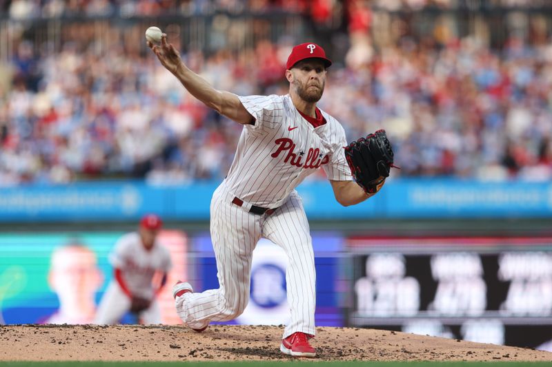 May 29, 2025; Philadelphia, Pennsylvania, USA; Philadelphia Phillies pitcher Zack Wheeler (45) throws a pitch against the Atlanta Braves during the third inning at Citizens Bank Park. Mandatory Credit: Bill Streicher-Imagn Images