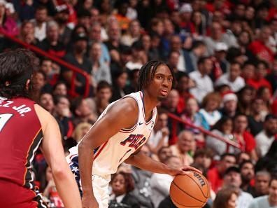 MIAMI, FL - DECEMBER 25:  Tyrese Maxey #0 of the Philadelphia 76ers handles the ball during the game  on December 25, 2023 at Kaseya Center Arena in Miami, Florida. NOTE TO USER: User expressly acknowledges and agrees that, by downloading and or using this Photograph, user is consenting to the terms and conditions of the Getty Images License Agreement. Mandatory Copyright Notice: Copyright 2023 NBAE (Photo by Issac Baldizon/NBAE via Getty Images)