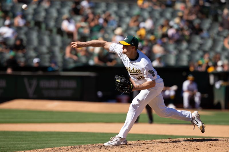 Sep 8, 2024; Oakland, California, USA; Oakland Athletics pitcher Ross Stripling (36) delivers a pitch against the Detroit Tigers during the eighth inning at Oakland-Alameda County Coliseum. Mandatory Credit: D. Ross Cameron-Imagn Images