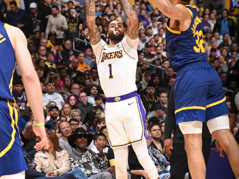 LOS ANGELES, CA - MARCH 16:  D'Angelo Russell #1 of the Los Angeles Lakers shoots the ball during the game  on March 16, 2024 at Crypto.Com Arena in Los Angeles, California. NOTE TO USER: User expressly acknowledges and agrees that, by downloading and/or using this Photograph, user is consenting to the terms and conditions of the Getty Images License Agreement. Mandatory Copyright Notice: Copyright 2024 NBAE (Photo by Andrew D. Bernstein/NBAE via Getty Images)