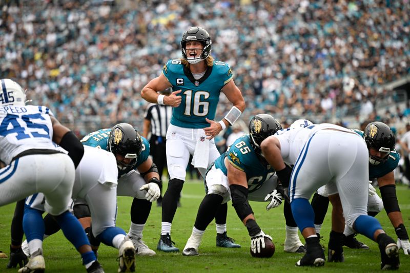 Jacksonville Jaguars quarterback Trevor Lawrence (16) calls a play during the first half of an NFL football game against the Indianapolis Colts, Sunday, Oct. 6, 2024, in Jacksonville, Fla. (AP Photo/Phelan M. Ebenhack)