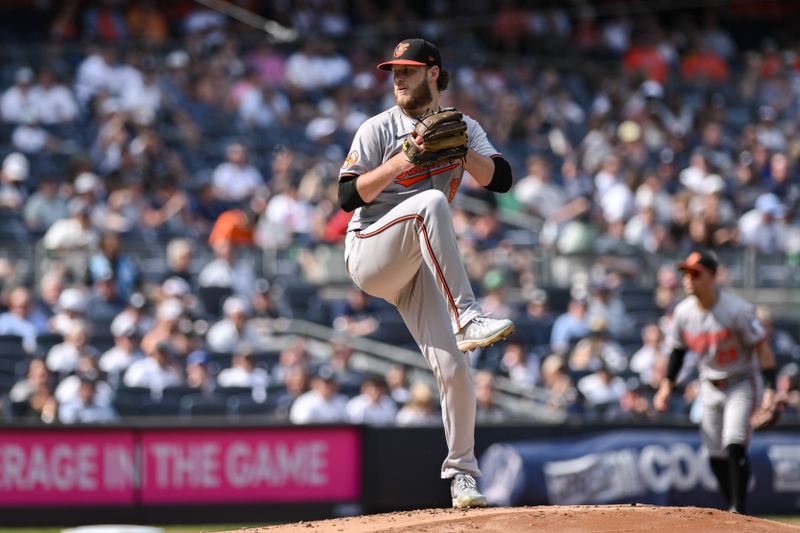 Jun 20, 2024; Bronx, New York, USA; Baltimore Orioles pitcher Cole Irvin (19) pitches against the New York Yankees during the first inning at Yankee Stadium. Mandatory Credit: John Jones-USA TODAY Sports