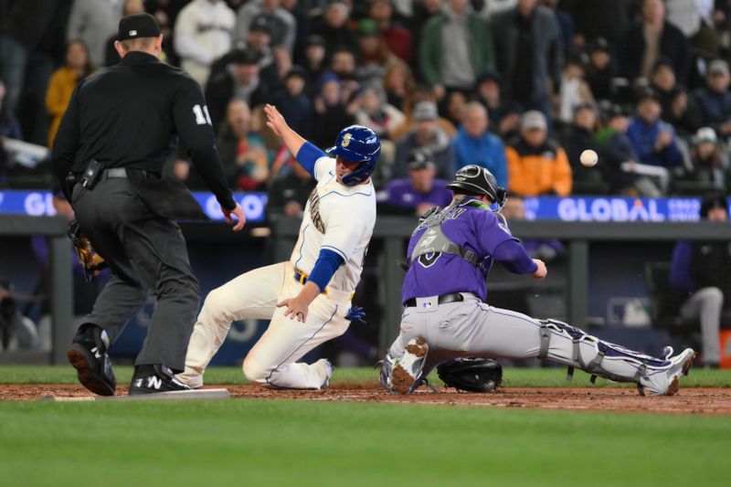 Apr 16, 2023; Seattle, Washington, USA; Seattle Mariners first baseman Ty France (23) scores a run off an RBI single hit by Seattle Mariners right fielder Jarred Kelenic (10) (not pictured) during the sixth inning at T-Mobile Park. Mandatory Credit: Steven Bisig-USA TODAY Sports