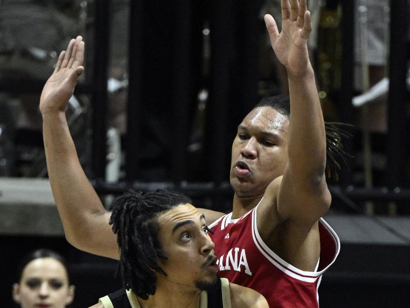 Feb 25, 2023; West Lafayette, Indiana, USA; Purdue Boilermakers forward Trey Kaufman-Renn (4) controls the ball against Indiana Hoosiers forward Malik Reneau (5) during the first half at Mackey Arena. Mandatory Credit: Marc Lebryk-USA TODAY Sports