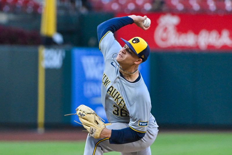 Aug 21, 2024; St. Louis, Missouri, USA;  Milwaukee Brewers starting pitcher Tobias Myers (36)n pitches against the St. Louis Cardinals during the first inning at Busch Stadium. Mandatory Credit: Jeff Curry-USA TODAY Sports