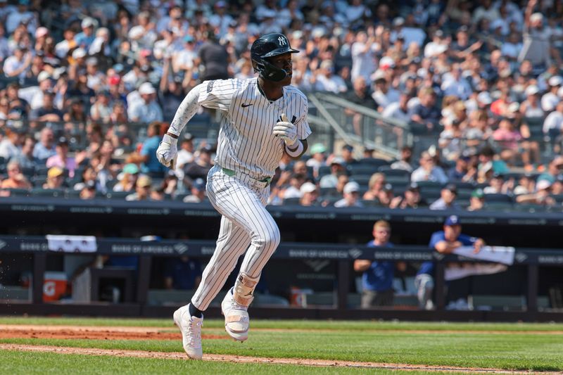 Aug 11, 2024; Bronx, New York, USA; New York Yankees third baseman Jazz Chisholm Jr. (13) singles during the sixth inning against the Texas Rangers at Yankee Stadium. Mandatory Credit: Vincent Carchietta-USA TODAY Sports