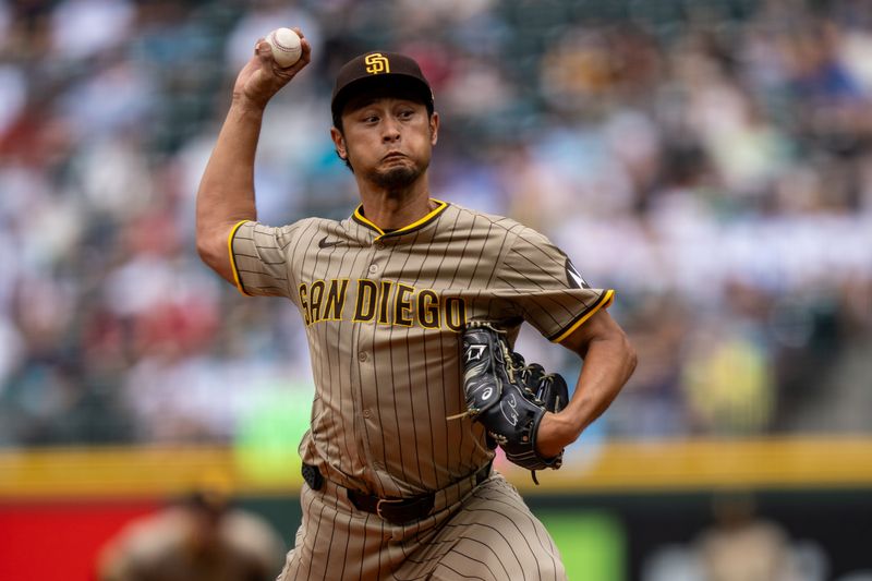 Aug 27, 2025; Seattle, Washington, USA; San Diego Padres starter Yu Darvish (11) delivers a pitch during the second inning against the Seattle Mariners at T-Mobile Park. Mandatory Credit: Stephen Brashear-Imagn Images