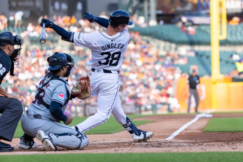 Jul 29, 2024; Detroit, Michigan, USA; Detroit Tigers catcher Dillion Dingler (38) strikes out in his first MLB at bat in the second inning against the Cleveland Guardians at Comerica Park. Mandatory Credit: David Reginek-USA TODAY Sports