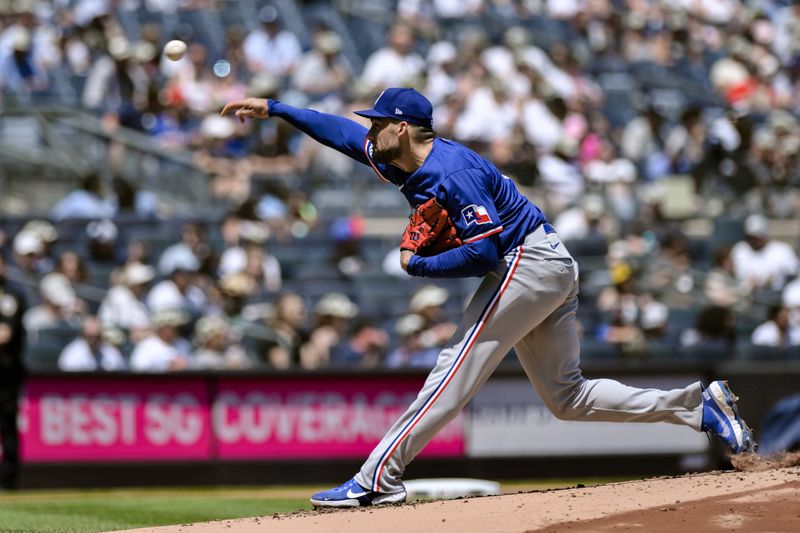 Aug 10, 2024; Bronx, New York, USA; Texas Rangers pitcher Nathan Eovaldi (17) pitches against the New York Yankees during the first inning at Yankee Stadium. Mandatory Credit: John Jones-USA TODAY Sports