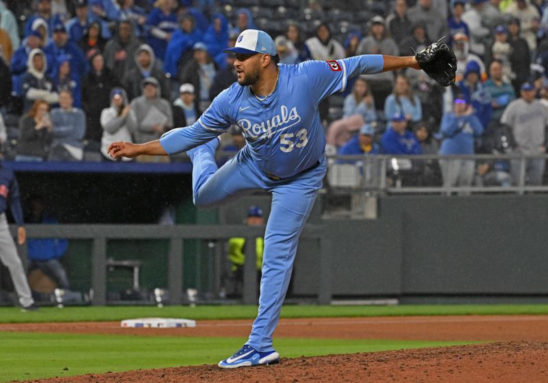 Apr 26, 2025; Kansas City, Missouri, USA;  Kansas City Royals relief pitcher Carlos Estevez (53) throws a pitch in the ninth inning against the Houston Astros at Kauffman Stadium. Mandatory Credit: Peter Aiken-Imagn Images