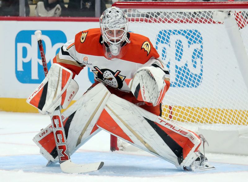 Oct 31, 2024; Pittsburgh, Pennsylvania, USA;  Anaheim Ducks goaltender Lukas Dostal (1) guards the net against the Pittsburgh Penguins during the first period at PPG Paints Arena. Mandatory Credit: Charles LeClaire-Imagn Images