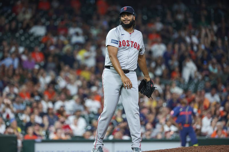 Aug 19, 2024; Houston, Texas, USA; Boston Red Sox relief pitcher Kenley Jansen (74) reacts after giving up a game-winning home run during the ninth inning to Houston Astros first baseman Yainer Diaz (not pictured) at Minute Maid Park. Mandatory Credit: Troy Taormina-USA TODAY Sports