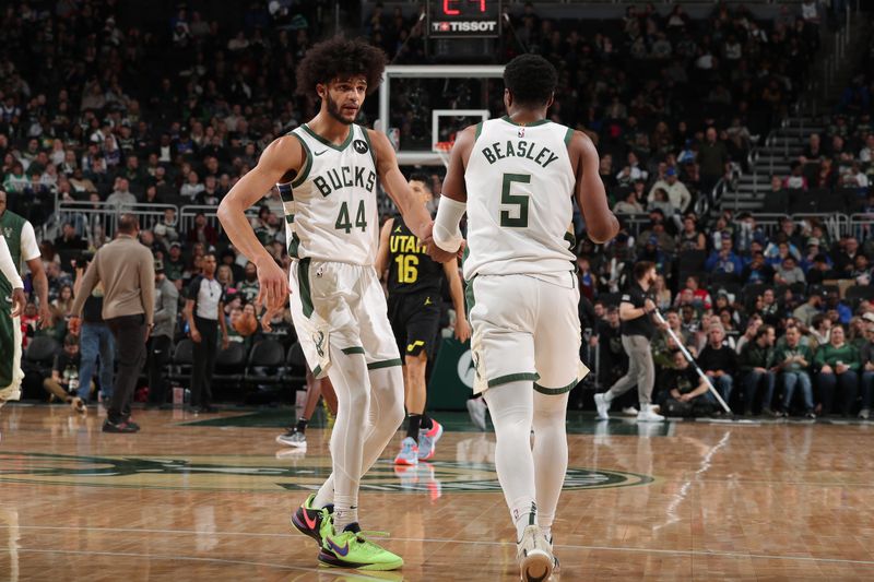 MILWAUKEE, WI - JANUARY 8:  Andre Jackson Jr. #44 and Malik Beasley #5 of the Milwaukee Bucks reacts during the game against the Utah Jazz on January 8, 2024 at the Fiserv Forum Center in Milwaukee, Wisconsin. NOTE TO USER: User expressly acknowledges and agrees that, by downloading and or using this Photograph, user is consenting to the terms and conditions of the Getty Images License Agreement. Mandatory Copyright Notice: Copyright 2024 NBAE (Photo by Gary Dineen/NBAE via Getty Images).