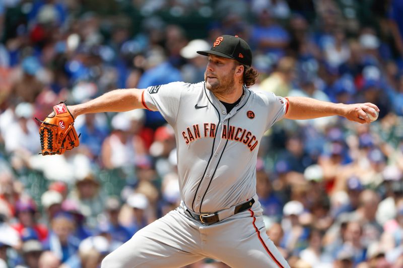 Jun 19, 2024; Chicago, Illinois, USA; San Francisco Giants starting pitcher Erik Miller (68) delivers a pitch against the Chicago Cubs during the first inning at Wrigley Field. Mandatory Credit: Kamil Krzaczynski-USA TODAY Sports