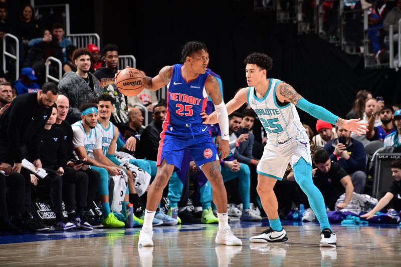 DETROIT, MI - JANUARY 3: Marcus Sasser #25 of the Detroit Pistons dribbles the ball during the game against the Charlotte Hornets on January 3, 2025 at Little Caesars Arena in Detroit, Michigan. NOTE TO USER: User expressly acknowledges and agrees that, by downloading and/or using this photograph, User is consenting to the terms and conditions of the Getty Images License Agreement. Mandatory Copyright Notice: Copyright 2025 NBAE (Photo by Chris Schwegler/NBAE via Getty Images)