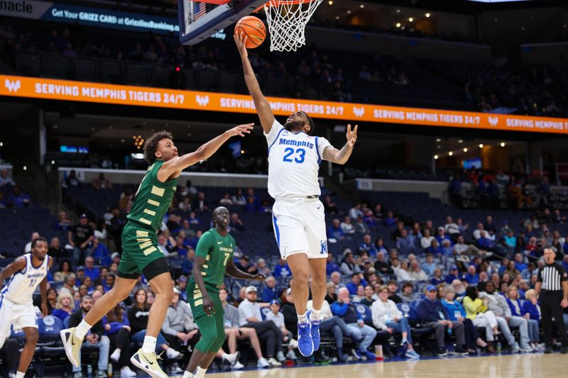 Feb 8, 2026; Memphis, Tennessee, USA; Memphis Tigers guard Sincere Parker (23) shoots the ball against Charlotte 49ers guard Ben Bradford (3) during the second half at FedExForum. Mandatory Credit: Wesley Hale-Imagn Images