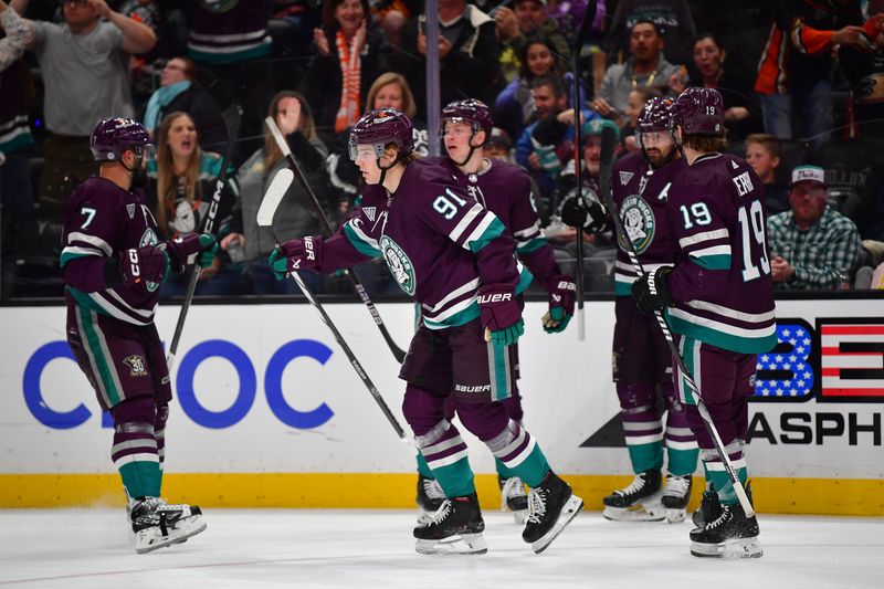 Apr 5, 2024; Anaheim, California, USA; Anaheim Ducks celebrate the goal scored by center Leo Carlsson (91) against the Seattle Kraken during the second period at Honda Center. Mandatory Credit: Gary A. Vasquez-USA TODAY Sports