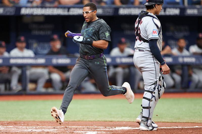 Jul 13, 2024; St. Petersburg, Florida, USA; Tampa Bay Rays outfielder Richie Palacios (1) scores a run against the Cleveland Guardians in the third inning at Tropicana Field. Mandatory Credit: Nathan Ray Seebeck-USA TODAY Sports