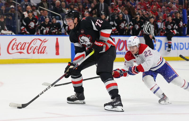 Dec 9, 2023; Buffalo, New York, USA;  Buffalo Sabres right wing Tage Thompson (72) looks to take a shot on goal as Montreal Canadiens right wing Cole Caufield (22) tries to defend during the third period at KeyBank Center. Mandatory Credit: Timothy T. Ludwig-USA TODAY Sports