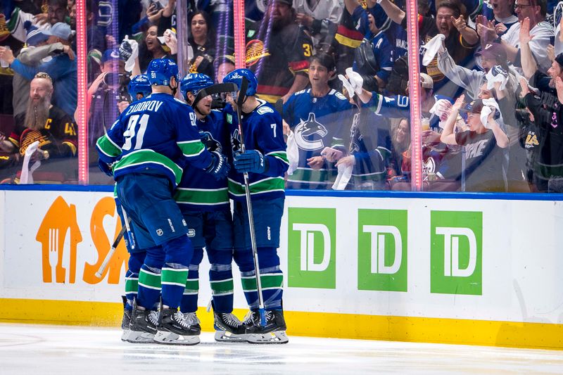 May 10, 2024; Vancouver, British Columbia, CAN; Vancouver Canucks defenseman Nikita Zadorov (91) and forward Brock Boeser (6) and defenseman Carson Soucy (7) celebrate a goal scored by Boeser against the Edmonton Oilers during the second period in game two of the second round of the 2024 Stanley Cup Playoffs at Rogers Arena. Mandatory Credit: Bob Frid-USA TODAY Sports