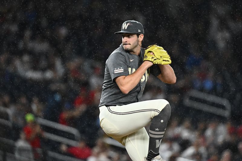 Sep 27, 2024; Washington, District of Columbia, USA;  Washington Nationals pitcher Joe La Sorsa (53) delivers a pitch during the ninth inning against the Philadelphia Phillies at Nationals Park. Mandatory Credit: James A. Pittman-Imagn Images