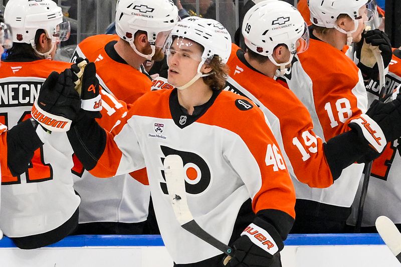 Nov 14, 2025; St. Louis, Missouri, USA; Philadelphia Flyers center Trevor Zegras (46) is congratulated by teammates after scoring against the St. Louis Blues during the second period at Enterprise Center. Mandatory Credit: Jeff Curry-Imagn Images